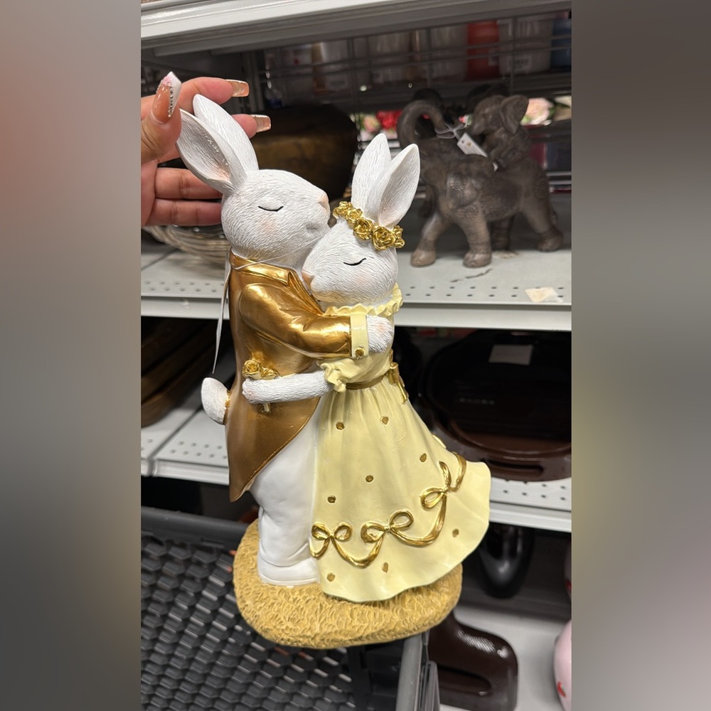 Elegant Gold and Cream Bunny Couple Figurine